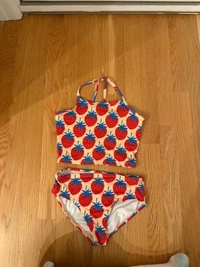 Hanna Andersson Strawberry Print Two-Piece Swim Set - Cream, Red & Blue